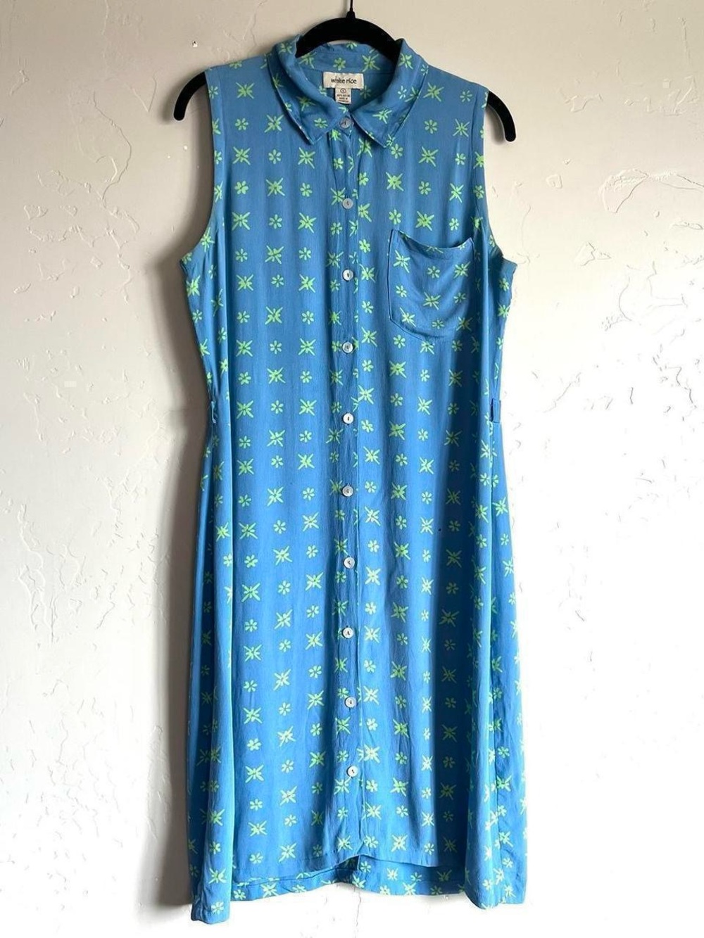 White Rice blue and green abstract floral print button up shirt dress